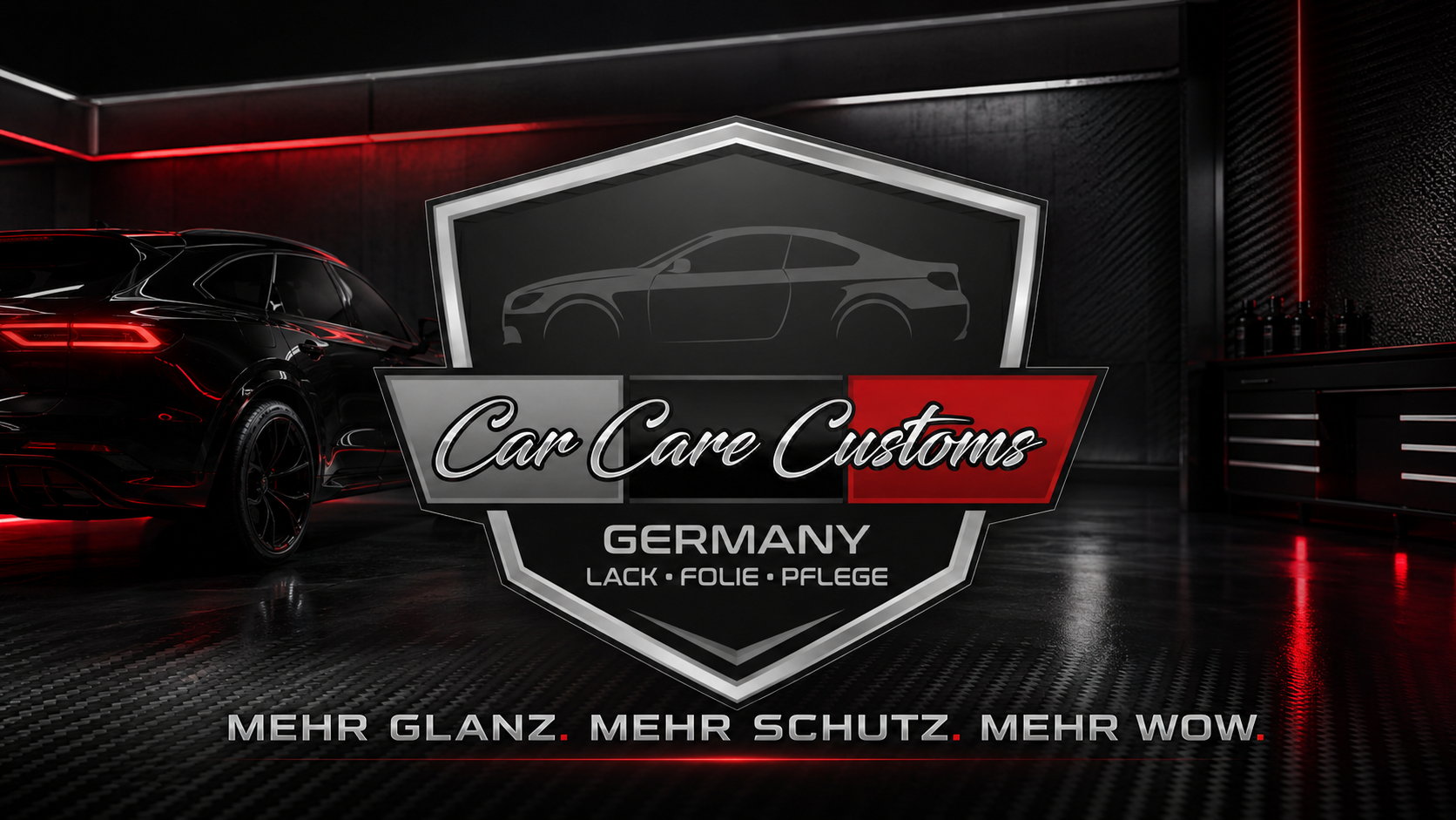 Car Care Customs Germany Markenzeichen in schwarzer Manufakturkulisse