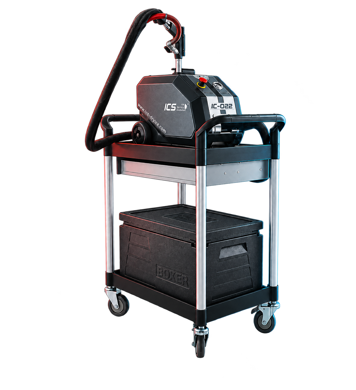 3D-Illustration unseres ICS IC 022 EVO Trockeneisstrahlgeräts mit Strahlschlauch und mobilem Werkstattwagen
